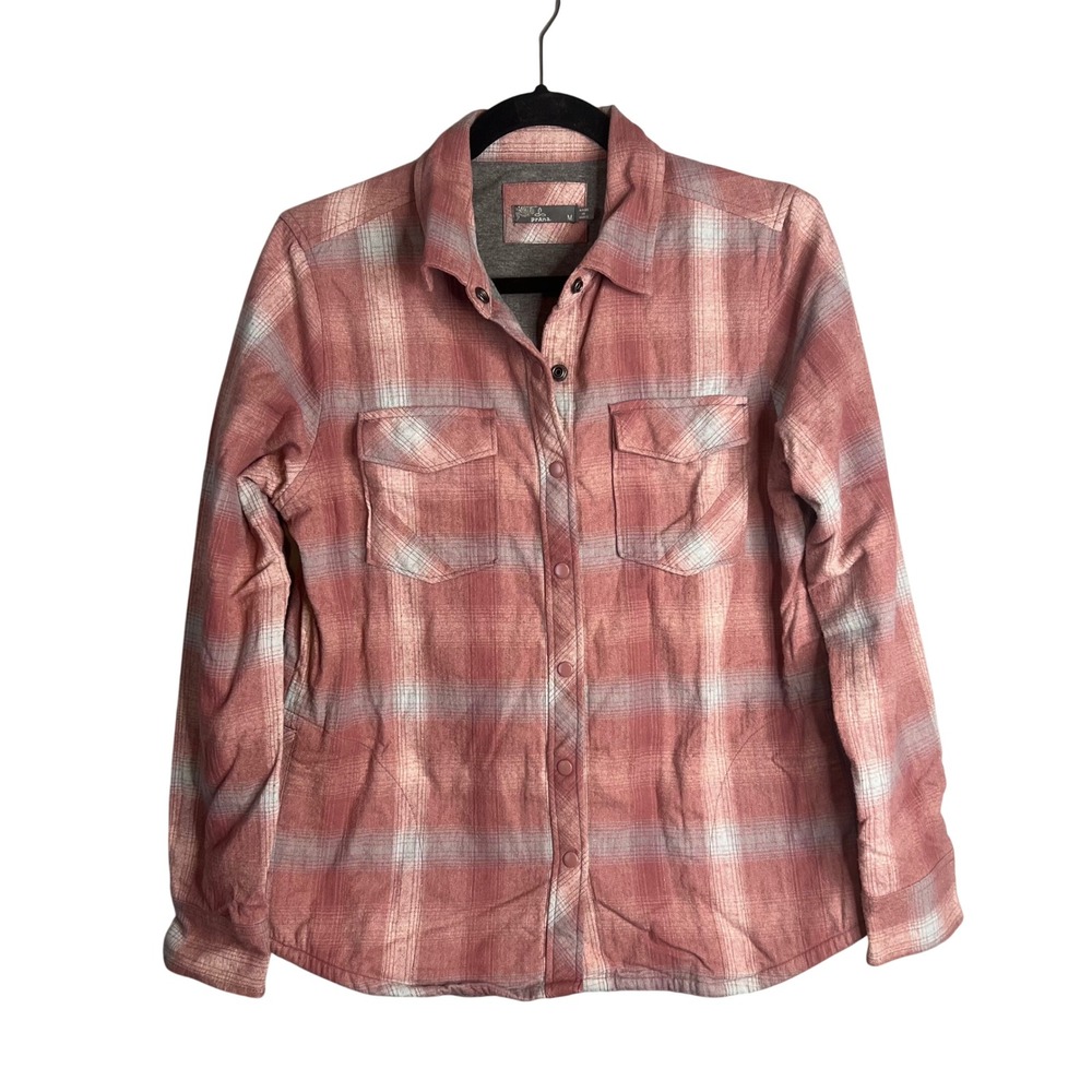 prAna Shirt Jacket Sz M Pink Plaid Lined Snap Pockets Gorpcore Outdoor Cabin